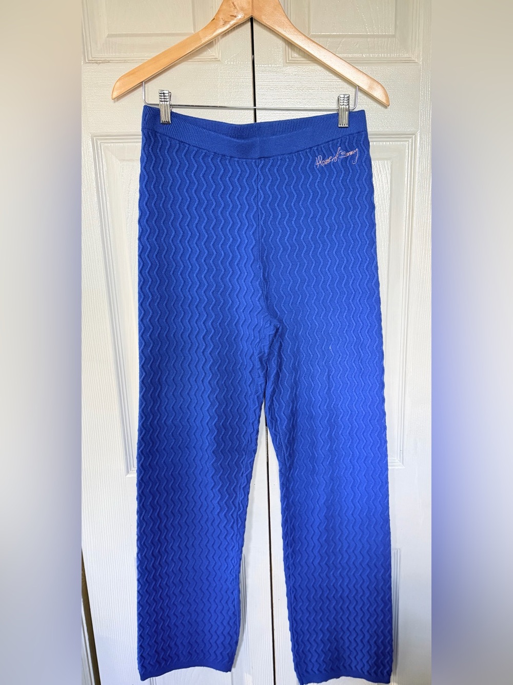 House of Sunny Blue Zig Zag Knit Wide Leg Pants Size 6 Textured Pull On